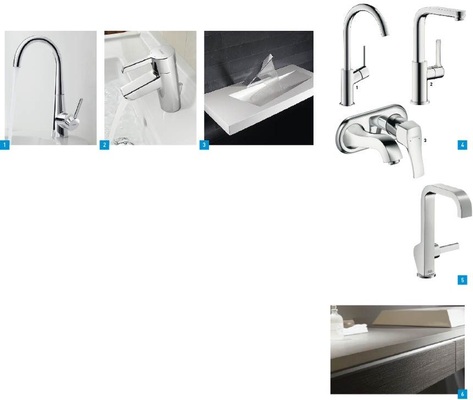 1 Neuinterpretation: Armaturen-Klassiker Designo von Hansa im neuen Gewand und mit zahlreichen neuen Produkten.2 Die neue Armaturenserie ­ Pinto mit „günstigem Preis-/ Leistungsverhältnis“.3 Nun auch passende Waschtische aus Mineralwerkstoff für die ­Armaturen Latrava , Canyon und Murano.4 Hoch hinaus oder bündig an der Wand: Die Ergänzungen der Armaturenlinien Talis S2 (1), Metris S (2) und Metris Classic (3) von Hansgrohe eröffnen noch mehr Gestaltungsvielfalt.5 Einhebel-Waschtischarmatur mit modernem Joystick-Griff: Axor Citterio.6 Zum Anfassen: Alape bietet nun auch Holzdekorplatten, hier Eiche, an.