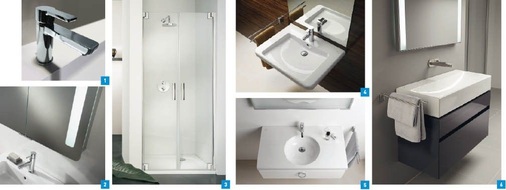 1 Von HSK gibt es unter dem Namen Softcube nun auch Armaturen mit sanfen Rundungen.2 Platz gespart: Alu-Spiegelschränke ASP 300, ASP 500 und ASP Soft­cube sind auch in tiefenreduzierter ­Ausführung lieferbar.3 Mit Ausgleichsschiene: Duschabtrennungsserie K2p mit Pendeltür für die Nische.4 Fernab herkömmlicher Krankenhausoptik: ­Generationenbad Dejuna von Keramag.5 Preciosa II: Keramik-Klassiker mit neuem Auftritt.6 Die Badserie Xeno von Keramag ist durch ein Möbelprogramm ­aktualisiert worden.