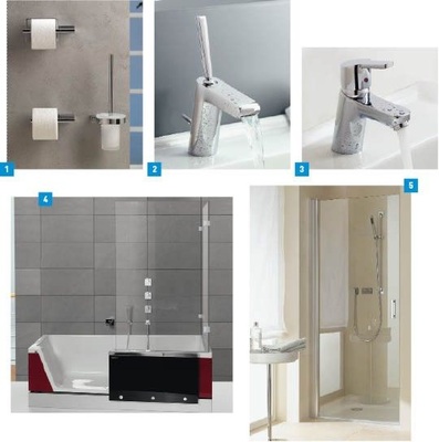 1 A-XES heißt die neue Accessoire-Serie von Kludi mit dem Dreh: ein Produkt, zwei Design-­Varianten.2 Kludi ergänzt die Armaturen-Serie O-Cean um eine zusätzliche Joystick-Variante.3 Neues Design für das ­Objektgeschäft: das überarbeitete Armaturenprogramm Logo Neo.4 Die Dusch- und Badekombination Easy-in von Repabad gibt es nun in 16 Varianten.5 Programmerweiterung: Duschabtrennungs­serie Diga von Kermi mit zusätzlichen Pendeltür-Bauformen.