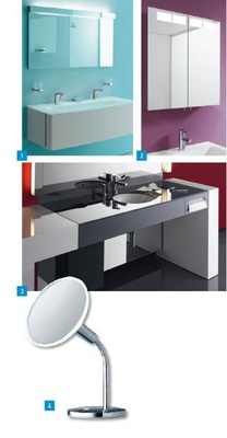 1 Luxuriöses Flair versprüht der neue Doppelwaschtisch aus der Kollektion Elegance von Keuco.2 Viel Stauraum und spritzwasser­geschützt nach Schutzklasse IP44: Spiegelschrank Royal T13 Einsatz im öffentlichen und halb­öffentlichen Bereich: Colorboards ­Traffic von Keuco4 Hingucker: Flexibler Kosmetikspiegel aus der Kollektion Elegance