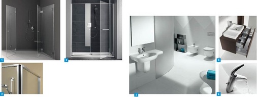1 Beeindruckend: die zweiteiligen Falttüren der Duschabtrennungsserie S500 eröffnen ganz neue Planungsfreiheit.2 Neue Duschabtrennung S550 by Antonio Citterio von Koralle für das mittlere Preissegment.3 Gute Idee: Duschen statt Baden in den Abmessungen 160 x 70 cm mit Terra von Koralle.4 Meridian ist eine neue umfangreiche Badkollektion von Roca.5 Gut organisiert: Innenschubladen machen das Unterbaumöbel der Kollektion Essence von Roca optimal nutzbar.6 Die neue Armaturenkollektion M2 gibt sich profiliert und schnittig.