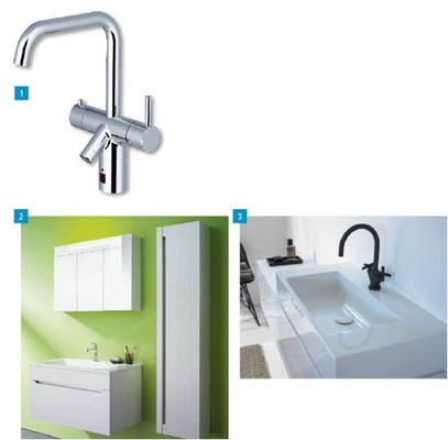 1 2in1 heißt das Rezept von Aquis: mehr Komfort und Hygiene bei der professionellen Küchenarbeit. 2 Die Möbellinie Chiaro mit mediterraner Anmutung von Burgbad.3 Programmerweiterung um Gästebad-Lösungen: Crono (Foto), Pli und Sinea.