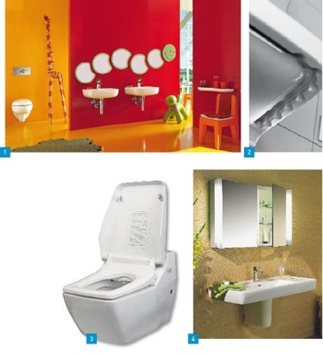 1 Das kinderfreundliche Bad: Florakids von Laufen.2 Ergonomische Griffmulden an den ­Rändern der Waschtischunterseite von Pro Liberty helfen dem Nutzer beim ­Heranziehen, Aufstehen oder Hinsetzen.3 SaniJet ist ein wandhängendes Dusch-WC von Sanibroy.4 PepLine–Spiegelschrank mit neuer Licht- und Sensortechnik von W. Schneider.