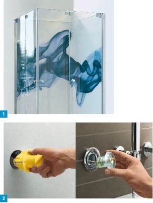 1 Auf Glas malen: Duschanlagen aus bedrucktem Sicher­heitsglas von Sprinz.2 Multiplex Trio E von Viega: Bedien­einheit jetzt auch für die Wand.