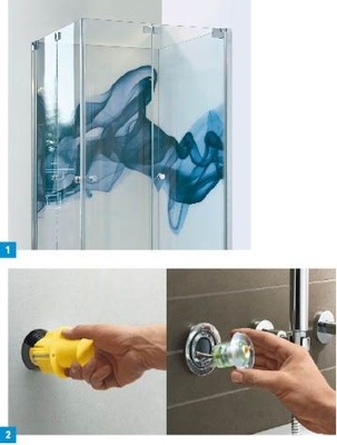 1 Auf Glas malen: Duschanlagen aus bedrucktem Sicher­heitsglas von Sprinz.<br />2 Multiplex Trio E von Viega: Bedien­einheit jetzt auch für die Wand.