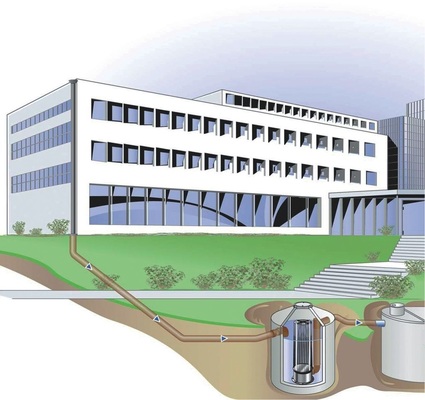 Schema Regenwasserzulauf zum Speicher mit unterirdischem Filterschacht.