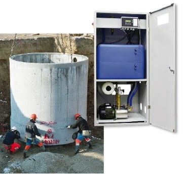 Regenwassertechnik im Lise-Meitner-Gymnasium in Falkensee: Links Bau des mehrteiligen, unterirdischen Regenwasserspeichers. Rechts die Drucker­höhungsanlage, die das Regenwasser zu den Verbrauchsstellen fördert.