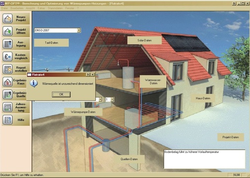 3 Screenshot der Software WP-OPT zur Berechnung und Optimierung von Wärme­pumpenheizungen. Wird der Wärmebedarf bei einer bestehenden Wärmequellen­anlage immer weiter erhöht, kann sie sich infolge der Unter­dimensionierung in den Sommermonaten nicht mehr vollständig thermisch regenerieren.