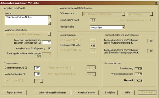 5 Randbedingungen nach VDI 4650: Die optimierte Wärmepumpenanlage erreicht bei erhöhten Komfort­bedingungen nach detaillierter Simulation zwar nur eine Jahresarbeitszahl von 3,60, nach dem anzuwendenden Nachweisverfahren aber 4,22 und ist damit förderfähig.