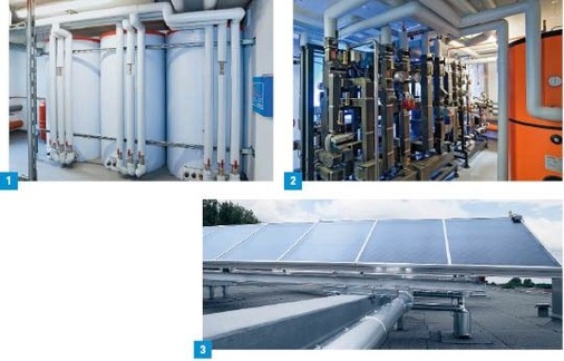 1 Der Puffer- und Warmwasser­speicher des Plattenbaus in Königs ­Wusterhausen.2 Die Solarenergiezentrale für das Wärmeenergie-Management. Der Installationsbetrieb Mercedöl führt das Monitoring der Anlage durch. 3 Die Kollektoranlage in Königs Wusterhausen. Solarthermie kann auch für alten Gebäudebestand eine sehr gute Lösung zur Kostensenkung sein.