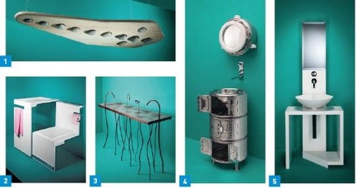 1 Steinig: Um die Steine herum bahnt sich das Wasser seinen Weg, um sich dann als weicher Strahl von ihnen zu lösen. So sanft kann Duschen sein. Design: Decorkuznetsov.2 Verschiebbar: Wirklich platzsparend ist die Kombination aus Toilettensitz und Waschbecken. Wird er nicht gebraucht, lässt sich der Sitz einfach unter den Tisch schieben. Design: Tat’yana Avdeyeva und Pyotr Pogorelov.3 Metallisch: Viel Kupfer wurde verwendet für den verspielten Waschtisch, der gleich vier Personen Platz bietet. Die Verrohrung wurde dezent in der Waschtischplatte versteckt. Design: Yelena Kudinova.4 Trommelwirbel: Ausgediente Waschtrommeln bekommen eine neue Aufgabe – als Spiegel und Waschtisch. Ein Recyclinggedanke, der auch noch viel Stauraum bietet. Design: Vitaly Dushka.5 Klassisch: Puristisches Design und klare Formen bestimmen diesen Waschtisch. Als Mischbatterie dient ein Einhand-Joystick. Design: Vladimir Bondarenko.