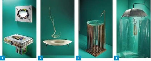 1 Informativ: Statt ins Altpapier zu wandern, geben alte Magazine Badezimmermöbeln ihre Form. Und können vielleicht sogar noch gelesen werden – falls sie trocken bleiben. Design: Sergey Gavrichenkov. 2 Natürlich: Holz ist das bestimmende Element dieser Waschkombination. Über die Verästelungen soll das Wasser sanft wie Schneeflocken in das Holzbecken fallen. Design: Inna Pedan.3 Stachelig: Was anmutet wie ein mittelalterliches Folterinstrument, dient als Halterung für eine gläserne Waschschale. Ansonsten könnte es Mannes Gesundheit eher abträglich sein. Design: Oleg Tun.4 Regen-unterm-Schirm: Dieser Schirm lässt es regnen. Aus unzähligen kleinen Düsen fließt das Wasser auf den Duschenden hinab – wie ein warmer Landregen. Design: Oleg Kasperovich, Yelena Petrulenkova, Vyacheslav Kvitka.