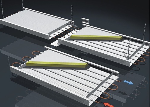 Bild 3 Aufbau der Warmwasser-Deckenstrahlplatten HKE (Heiz-Kühl-Elemente) von Best. Wenn gelochte Strahlflächen eingesetzt werden, kann die Raumakustik verbessert werden.