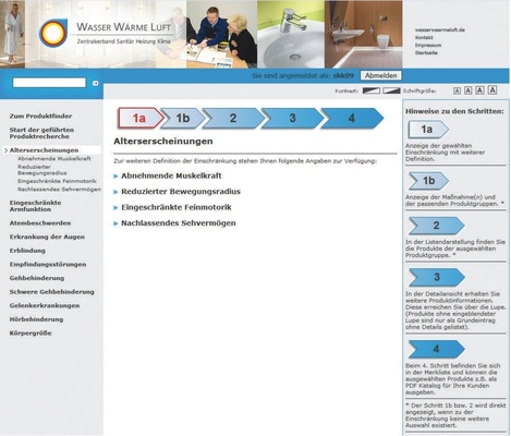 1 Die Barrierefrei-­Datenbank führt in fünf Schritten über die Produktauswahl zum individuellen Kundenkatalog. Erster Schritt — Auswahl der ­körperlichen Einschränkungen.