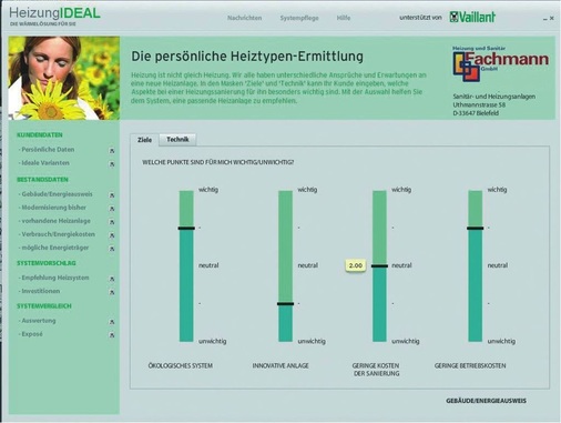 Zu Beginn des Programms wird die Ermittlung des Heizungstyp in den Vordergrund gestellt und mit ihm die wichtigsten Eckpunkte des Kunden hinsichtlich seiner Wärmeversorgung.