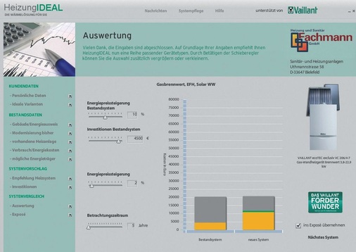 Bei der neuen Verkaufs-Software werden in einer speziellen Ansicht das bestehende und das neue Heizsystem in einer Amortisationsrechnung gegenübergestellt.