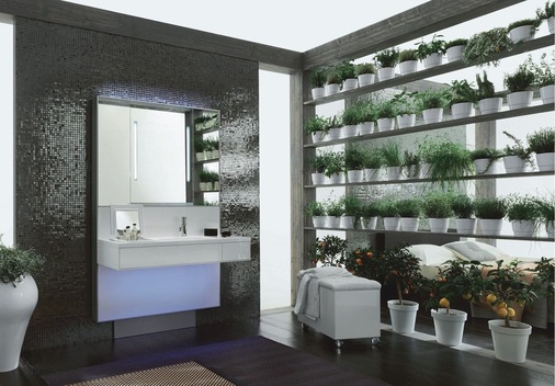 4 Wie ein kleiner Innenhof zwischen Bad und Schlafzimmer wirkt das Regal mit Grünpflanzen vor einer Glasabtrennung. - © Inda

