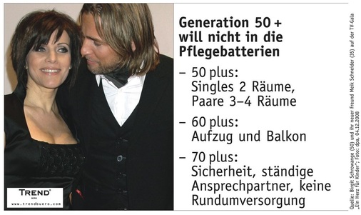 Anti-Aging- und Fitness-Bad sind laut Prof. Wippermann gefragt: Mit 50 wollen die Leute noch mal richtig durchstarten und nicht an barrierefrei denken. Beispiel: Birgit Schrowange (52) hier 2009, mit ihrem damaligen Freund, dem 15 Jahre jüngeren TV-Produzenten Meik Schneider.