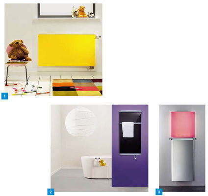 1 Der Plan Ventil Kompakt als Farbtupfer an der Wand hebt nicht nur die Stimmung im Kinderzimmer.2 Rein elektrische Badheizkörper sind in einer Vielfalt von Materialien und Farben erhältlich. Hier ist der Senja Glasheizkörper abgebildet.3 Badheizkörper bieten häufig einen Mehrwert durch ihr besonderes Design wie der Lichtheizkörper Yarmy.