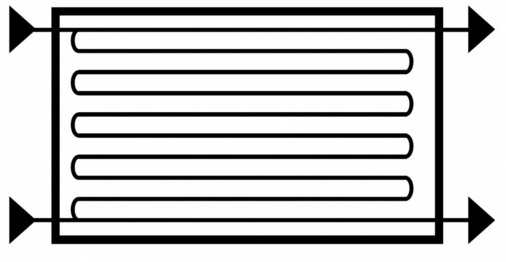 Hydraulik-Schema des Kollektors mit Sammelrohr-Mäander. Entsteht in der oberen Sammelleitung Dampf, drückt dieser die Flüssigkeit vollständig heraus.