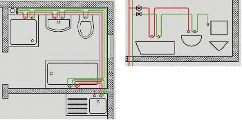 2 Reihen- (rechts) und Ringleitungs­system (links) sind eine wirksame ­Möglichkeit, schon in der Planungsphase einer Trinkwasserinstallation den Grundstein für dauerhaft hygienisch ­einwandfreie Verhältnisse zu legen. - © Viega
