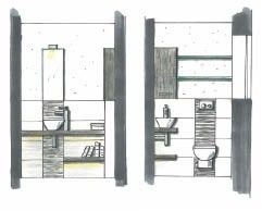 Der Grundriss verdeutlicht die klare Anordnung und wie perfekt sich die Waschtischanlage über die gesamte Länge einfügt. Das Stäbchenmosaik hinter dem WC setzt einen Akzent und schafft einen Dreiklang ­zwischen Holz, Boden und Mosaik.