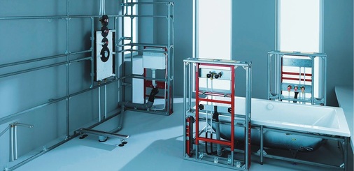 Für die individuelle Badarchitektur haben einige ­Hersteller komplette Trockenbau-Montagesysteme im Programm. Mit diesen Installationssystemen sind selbst halbhohe, freistehende Raumteiler ohne ­großen Aufwand möglich.