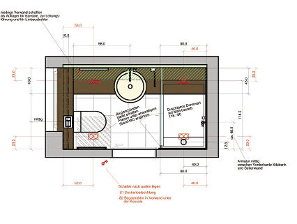 Der Grundriss verdeutlicht die klare geometrische Anordnung und wie sich die Waschtischanlage über die gesamte Länge einfügt und den Duschbereich auf diese Weise perfekt einbindet.