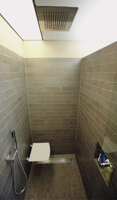 Der Duschbereich mit Just Rain und einer Lichtleiste, beides bündig in der Spandecke. Klappsitz und Nische für Utensilien bieten zusätzlichen Komfort.