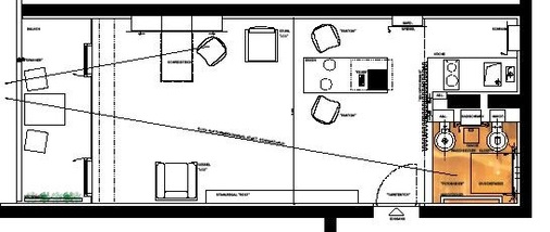 Der Grundriss des EinzimmerApartments zeigt die starke Beziehung zur großen einseitigen Fensterfront.