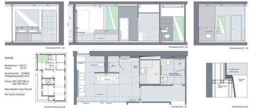 Grundriss und Ansichten zeigen die maßgenaue Planung nach Fliesenraster und die Gliederung des Raumes nach Funktionsbereichen.