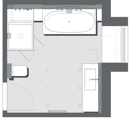 Der Grundriss verdeutlicht die Verbindung der Bereiche/Objekte durch ­maßangefertigte Sitzbänke aus Corian. Gezeichnet mit dem CAD-Programm Vector Works.