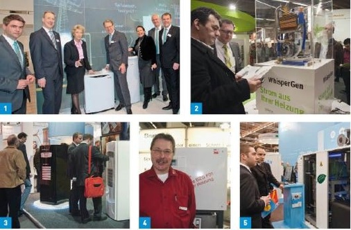 1 Viel Aufmerksamkeit erhielt das neue Vaillant-Mikro-BHKW: (v.l.) die Geschäftsführer Dr. Marc Andree Groos und Dr. Dietmar Meister, Oberbürgermeisterin Petra Roth, Geschäftsführer Ralf-Otto Limbach, Ursula Heinen-Esser, Geschäftsbereichleiter Klaus Jesse und Geschäftsführer Dr. Carsten Voigtländer.2 Den Stirling-Motor erfand der schottische Priester Robert Stirling bereits im Jahr 1816. Doch erst dieses Jahr gab es auf der ISH zahlreiche BHKWs – hier bei Sanevo – zu sehen, die dieses Prinzip nutzen.3 Auch Kraft-Wärme-Kopplung war ein großes Messethema – ganz gleich ob auf der Basis von Verbrennungsmotoren oder Brennstoffzellen. Hier ist die Brennstoffzelle auf dem Baxi-Stand zu sehen.4 Bruns Heizsysteme ist neu in der Brennstoffzellen-Szene: Konstrukteur Hans-Joachim Griesoph präsentiert hier ein 2-kW-Feldtestgerät. Es besteht eine Kooperation mit den Versorger EWE.5 Klima- und Heiztechnik wachsen zusammen. Dies verdeutlicht auch die Energiestation von Walter Meier, die bedarfsgerecht gleichzeitig Wärme und Kälte produziert.