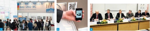 1 Neue Konzeptionen rund um das Thema „Barrierefrei“ stellt der ZVSHK vor. Auf der ISH hatte ein neues Ausstellungskonzept für einzelhandels­aktive Handwerksbetriebe Premiere und SHK-Profis konnten zudem einen Age-Explorer ausprobieren.2 Fürs Tagging haben einige Aussteller, wie hier Geberit, einen QR-Code neben ihren Produkten platziert. Dieser Code wurde mit dem Smartphone in die ISH-App eingelesen. Anschließend können diese Information ins eigene EDV-System übernommen werden. 3 EUnited heißt ein neuer Verband der europäischen Armaturenindustrie. Auf der Messe stellte die stark von deutschen Herstellern geprägte Organisation das neue Klassifizierungssystem WELL vor, das ähnliche Effizienzzertifikate verleiht, wie wir es bei Waschmaschinen und ­Geschirrspülern kennen.