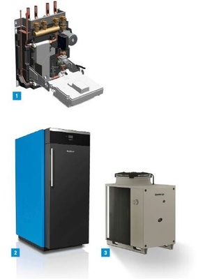 1 Die im Gebäude montierte Inneneinheit zum Hybrid-System WPLSH von Buderus kombinert Kondensator, Pumpe, Regelmodul sowie die Anschlüsse und Verteiler.2 Bis acht Stunden Dauerbrand und 93 % Wirkungsgrad sind wichtige Kenngrößen des Holzvergaserkessels Logano S261.3 Beim Gas-Wärmepumpensystem Logatherm GWPL führt die gemeinsame Regelung zur optimalen Sys­temintegration.