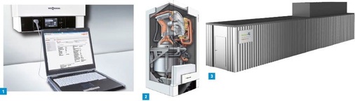 1 Für den automatisierten Abgleich beim Vitodens 300-W von Viessmann braucht der Heizungsbauer ein Laptop, ein Service-Set und die Software Vitosoft 300.2 Das Mikro-BHKW Vitotwin 300-W erzeugt mit einem Freikolben-Stirling 1 kW elektrische Leistung und 6 kW Wärme. 3 Die modular aufgebaute Biogasanlage der Viessmann Group soll sich durch einen attraktiven Preis auszeichnen.