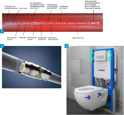 1 Düker SML Rohre werden mit neuer Beschriftung ausgeliefert.<br /><br />2 Der Steckfitting Alpex-plus mit optischem Signal­ring von Fränkische ist auch in der Dimen­sion 26 x 3 mm verfügbar.<br /><br />3 Geberit DuoFresh ist eine Frische- und Hygiene­lösung für Bad und WC.