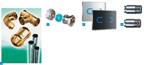 1 Purapress ist ein Presssystem mit Edelstahlrohren und Pressverbindern aus hochwertiger Kupfer­legierung.2 Heizkörper schnell und sauber ausgetauscht – hier mit dem Simplex-Schwarzrohradapter für ¾“ Euro­konus.3 Berührungslose Nutzung und manuelle Bedienmöglichkeit über selbsterklärende Touch-Tronic-Icons in einer neuen Aus­löseplatte vereint – das ist Ambition E Eco von Schell.4 Schell-Eckregulierventile und Schell-Geräteanschluss-Armaturen verfügen ab sofort über neue selbstdichtende Anschlussgewinde ASAG Easy oder eine werkseitige Gewinde-Anrauung.