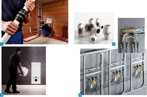 1 Ein Steckverbindersystem fürs ganze Haus: Tecelogo jetzt in Dimensionen von 16 bis 50 mm.2 Tecelux integriert die Technik unsichtbar und sicher in das Vorwand-Modul.3 Die neue Uponor RTM Fitting-Technologie verbindet Rohre werkzeuglos, schnell und ­sicher durch die integrierte Pressfunktion des Fittings.4 Nach 16 und 20 mm Nennweite jetzt auch in der ­Dimension 25 mm für große Trinkwasser-Installationen lieferbar: die durchflussoptimierten Doppelwandscheiben des Raxofix-­Systems.