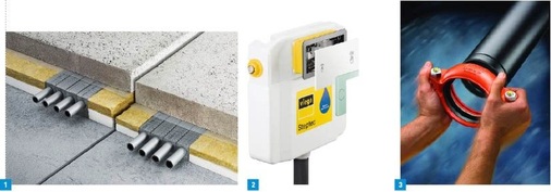 1 Passgenau fügen sich die exzentrisch gedämmten Raxofix-Rohre in die Trittschalldämmung ein.2 Der Wasser sparende ­Visign Unterputzspülkasten mit den sensitiven ­Betätigungsplatten Visign for Care bzw. Visign for More von Viega erhielt mit sechs ­Sternen das höchst mögliche „WELL“-Label.3 Montagefertige, flexible Kupplung Typ 177 QuickVic.