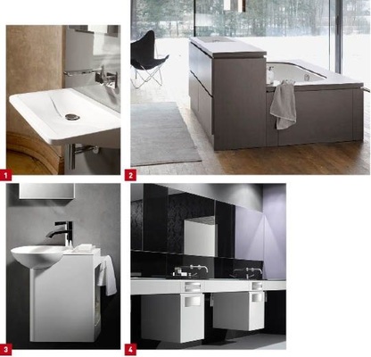 1 Die Sehnsucht zu empfinden, statt alles rational zu begreifen, bildet die Grundlage für die Beckenform des Waschtisches Tangens von Alape.2 Die raumgliedernden Waschplätze be yourself öffnen das Bad hin zu anderen Wohnbereichen.3 Insert ist ein kompakter Waschplatz für kleinste Bäder.4 Mit Systemlösungen sollen Architekten und Planer einen auf das Raumkonzept abgestimmten Waschplatz einfacher und weniger zeitaufwendig planen können.