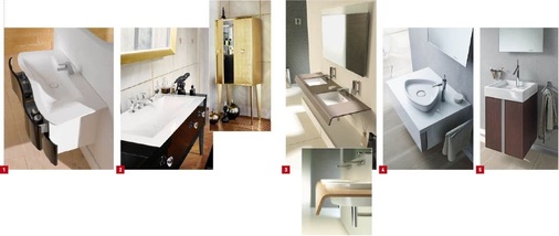 1 Beim Mineralguss-Waschtisch Ella von Burgbad steht die extrem flache Kantenausführung im Kontrast zur markanten Armaturenbank.2 Die fast vollständig in Handarbeit gefertigte exklusive Elysée-Kollektion erinnert an die Boudoirs des ausgehenden 19. Jahrhunderts.3 Bei der Duravit-Waschplatzserie Onto von ­Matteo Thun wird die Keramik nicht auf die Konsole gesetzt, sondern die Waschbecken selbst werden zum Träger für die Konsole.4 Starck 1 von Duravit mit triovalem ­Aufsatzbecken.5 Ab sofort gibt es die „Starck-Tonne“ auch als Zylinder und Quader.