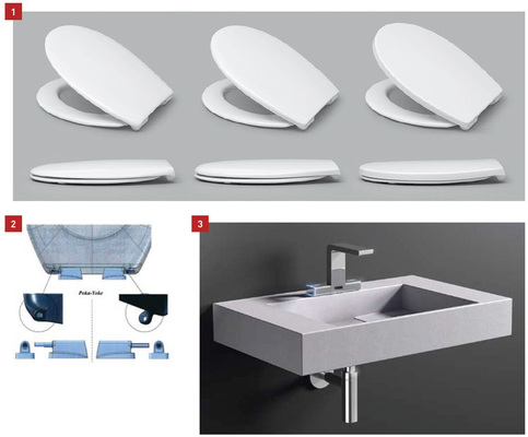 1 Drei Designs – das modulare WC-SitzSystem von Hamberger.2 Das Poka-Yoke-Prinzip verhindert ein ­Vertauschen der beiden Dämpfer beim neuen Softclose pure-System von Hamberger.3 HighTech präsentierte zur ISH den Waschtisch GreenKoncetta aus GreenStone.
