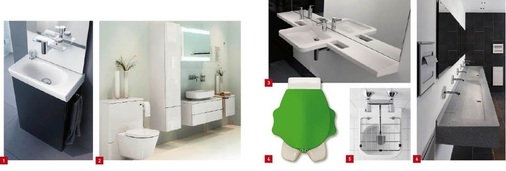 1 Die Möbel der Gäste-WC-Serie Tonic Guest sind nun auch in Hochglanz-Lackierungen erhältlich.2 Die Möbel- und Accessoire-Kollektion Softmood im Soft-Edge-Design passt zur Badkeramik-Kollektion Moments.3 Dejuna pro ist eine multifunktionale Waschplatzlösung aus dem Mineral­werkstoff Varicor.4 Der WC-Sitz Kind ist einer Schildkröte nachempfunden und in verschiedenen ­Farben erhältlich.5 Für Kitas, aber auch für Krankenhäuser und Seniorenheime ist der Fäkalausguss ­Espital konzipiert. 6 Die Waschrinne Active erleichtert dank ihrer ergonomischen Formgebung die ­Reinigung von Armen und Oberkörper.