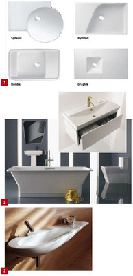 1 Die Waschtische der Kollektion Formilia von Kohler gibt es in vier verschiedenen Designs.2 Die Badserie Rêve von Kohler umfasst mehrere Waschtische, WCs, Bidets sowie passende Badmöbel.3 Wie eine Welle flutet der neue Laufen-Waschtisch der Design-Kollektion Il Bagno Alessi One über das zugehörige Möbel.