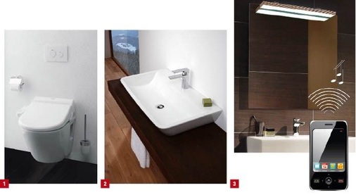 1 Das Washlet European K ist die „Einstiegsdroge“, die auf jede Toto-WC-Keramik passt.2 Weiche fast trogförmige Innenformen und abgeschrägte Außenformen bestimmen den Waschtisch der Serie coming home von Treos.3 Speziell fürs Bad mit seinen glatten, anspruchsvollen Oberflächen bietet V&B das High-End-Audio­system +Sound an.