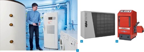 1 Kurz vor der Marktreife steht das Brennstoffzellen-Heizgerät Gamma von Baxi Innotec. Mit 1 kW elektrischer und 1,7 kW thermischer Leistung ist es ideal für Einfamilienhäuser.<br /><br />2 Bei Wärmepumpen der LWD-Reihe von Alpha-Innotec sind alle Kältemittel führenden Teile im Außenmodul untergebracht.<br /><br />3 Beim Pelletskessel P25 von Atmos lässt sich der Brenner wahlweise rechts oder links am Gehäuse anbringen.