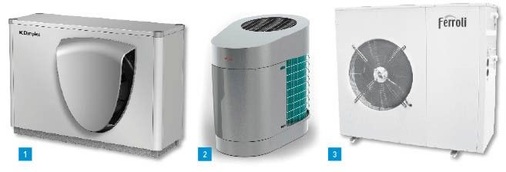 1 Die neue Luft/Wasser-Wärmepumpe LA 6TU für Niedrig-energiehäuser von Dimplex lässt sich auch per Smartphone steuern.2 Die Wärmepumpe Aerotop G von Elco soll neben hohen Effi-zienzanforderungen auch ästhetischen Ansprüchen gerecht werden.3 Für den bivalenten Betrieb, z.B. mit einem Gaskessel, ist die Luft/Wasser-Wärmepumpe HXA von Ferroli gedacht.