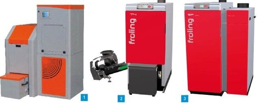 1 Die neue Pelletskessel­serie PX von Fischer erreicht durch eine weiterentwickelte Brennertechnologie hohe Wirkungsgrade.2 Der vollautomatische Hackgut- und Pelletskessel T4 von Fröling bietet hohen Bedienkomfort und soll leicht zu reinigen sein.3 Der Kombinationskessel SP-Dual von Fröling schaltet auf Pellets um, wenn das Stückholz abgebrannt ist.