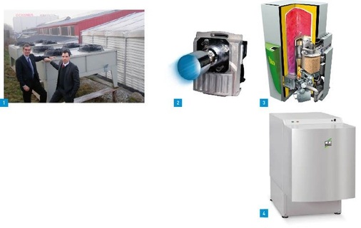 1 Bis zu 300 kW Heizleistung produziert die Toppump von Ochsner. Die Wärmepumpe wird mit zwei Verdampfern betrieben.2 Im neuen Öl-Brennwertkessel von Oertli gibt es jetzt einen modulierenden Blaubrenner.3 Die kompakte Pellets-Solar-Anlage mit Brennwertnutzung von Ökofen gibt es mit Leistungen ab 4 kW.4 An kalten Tagen übernimmt bei der Remko Hothybrid Inverter-Wärmepumpe die Gas- oder Ölbrennwertheizung: Zur Wahl stehen 15, 18 oder 22kW Heizleistung.